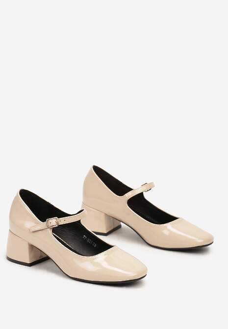 Beżowe Lakierowane Czółenka na Niskim Słupku w Stylu Mary Jane Eriola