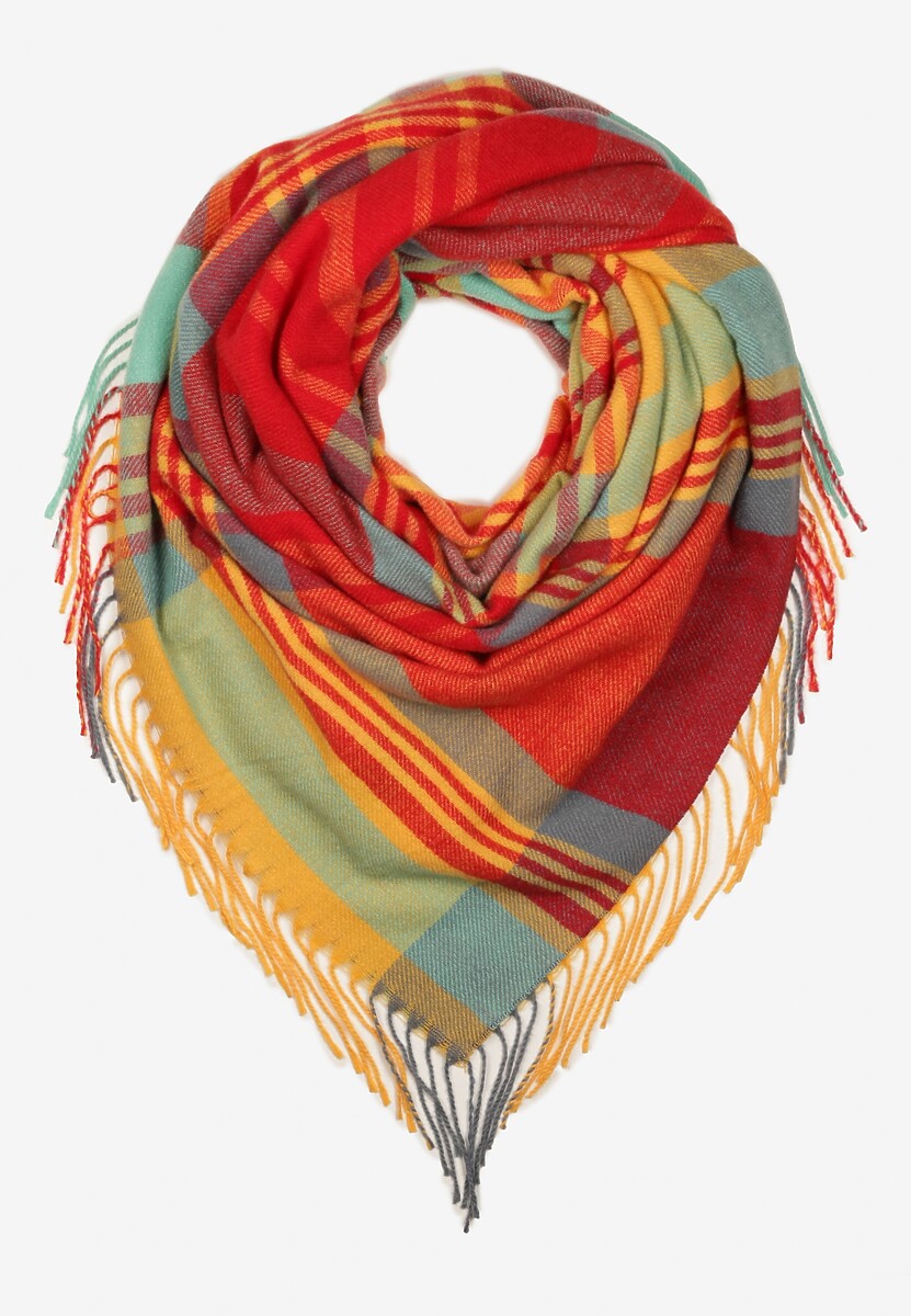 Szaro-Różowy Kraciasty Szalik z Wiskozy i Bawełny z Frędzlami Relavis