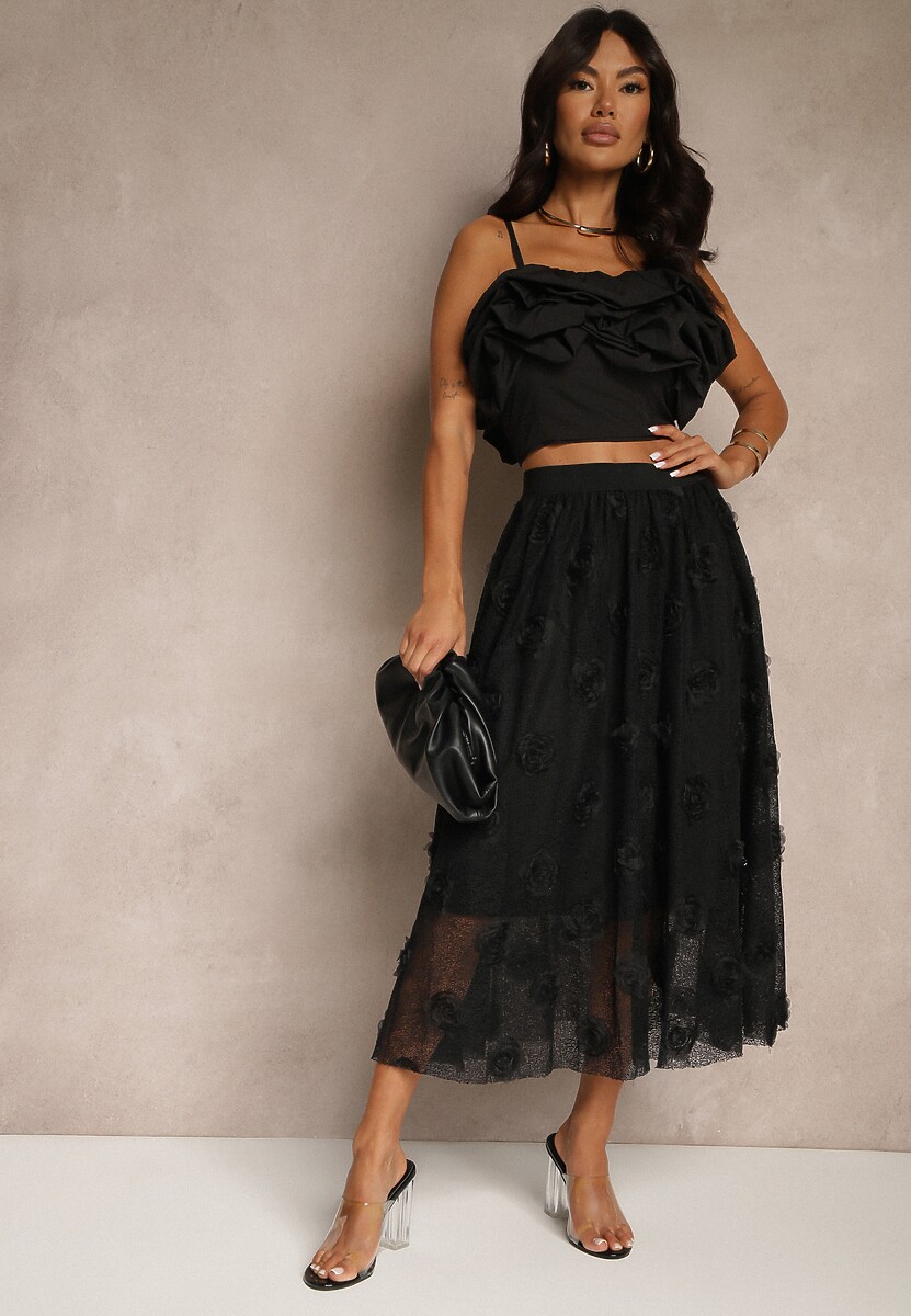 Czarna Tłoczona Spódnica o Rozkloszowanym Kroju z Gumką w Pasie Folunetta