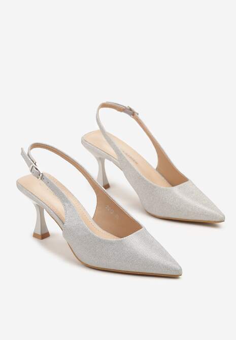 Srebrne Sandały Slingback na Klepsydrze Zdobione Brokatem Reolina