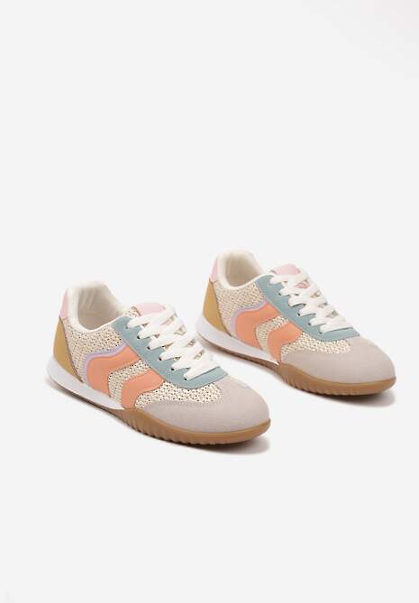 Beżowo-Pomarańczowe Sneakersy z Geometrycznym Motywem i Plecionką Laniffia