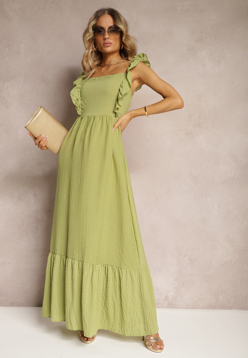 Zielona Sukienka z Wiązaniem na Plecach na Ramiączkach z Falbankami i Gumką w Pasie Rollas