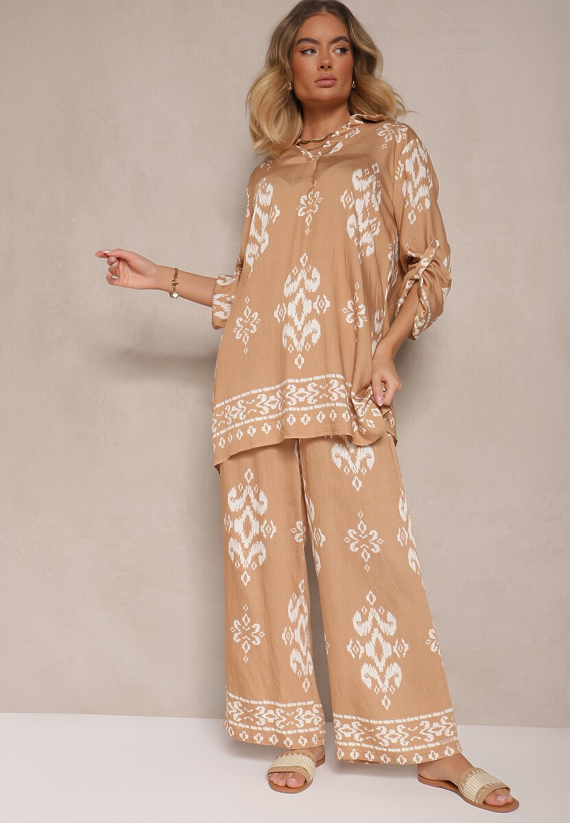 Brązowy Komplet z Wiskozą Koszula i Spodnie Zdobione Etnicznym Printem Mepina
