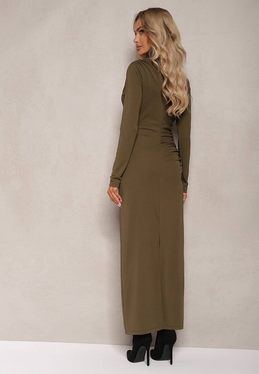 Ciemnozielona Sukienka o Dopasowanym Fasonie z Marszczeniem i Rozcięciem Galariel