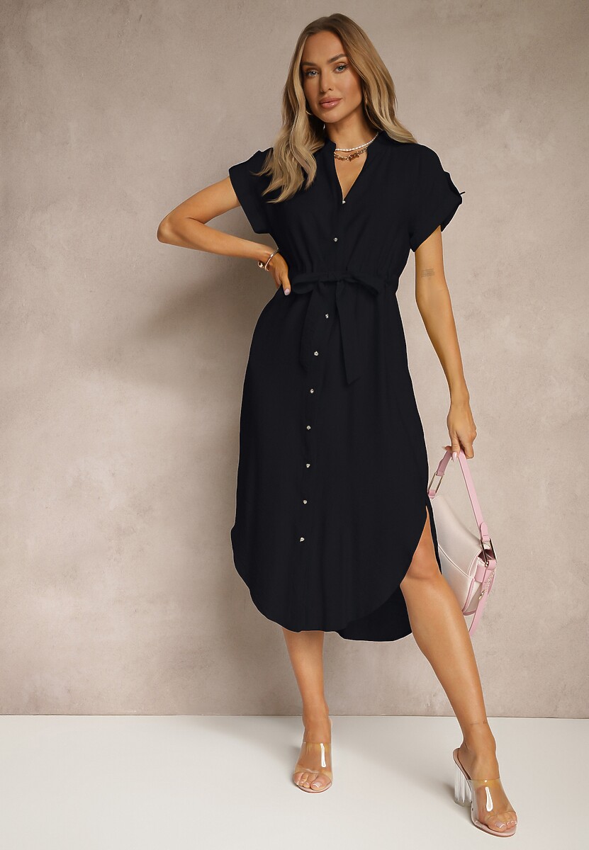 Czarna Koszulowa Rozkloszowana Sukienka z Wiskozy z Paskiem Katilene