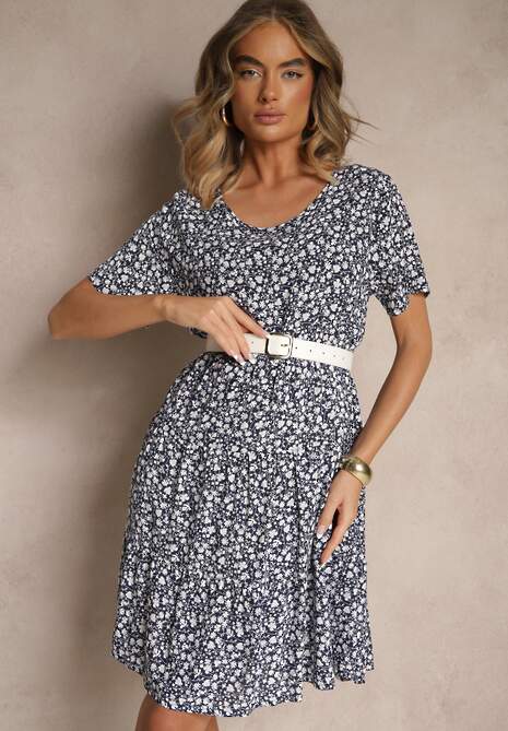 Niebieska Rozkloszowana Sukienka z Bawełną w Kwiaty Mevazia