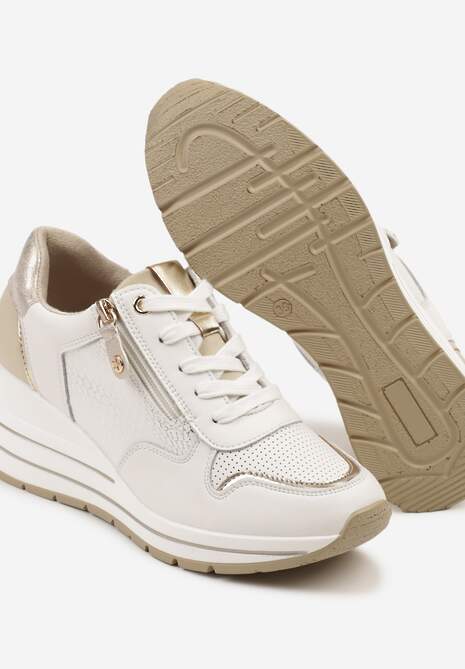 Białe Metaliczne Sneakersy ze Skóry Naturalnej na Koturnie z Ozdobnym Suwakiem Tarivone