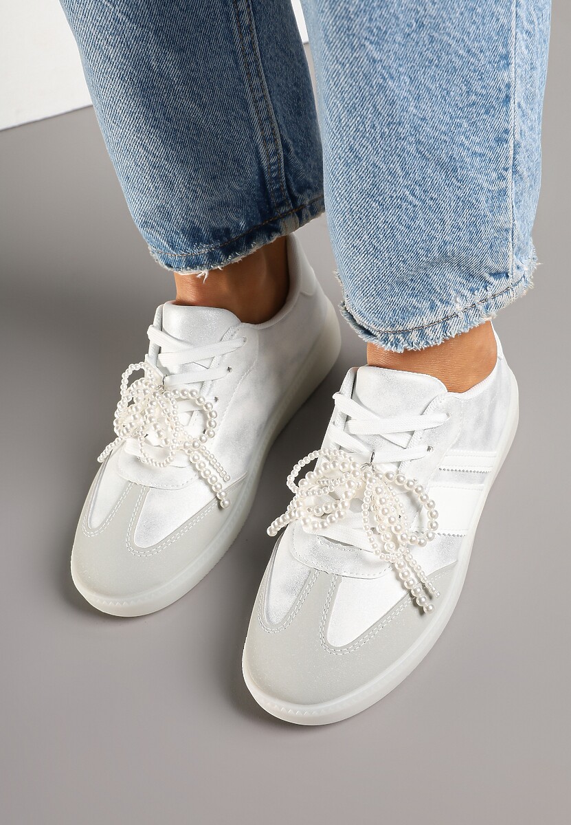 Srebrno-Szare Sneakersy Typu Kultowe Tenisówki ze Zdobieniem z Perłami Nalavia