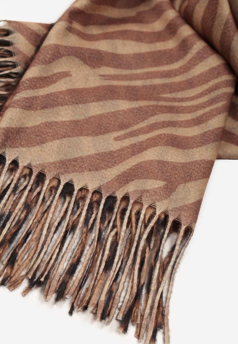 Brązowy Wiskozowy Szalik w Panterkę z Frędzlami Feriella