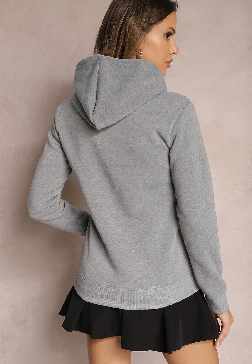 Szara Ocieplana Bluza z Ozdobnym Nadrukiem i Kapturem Hitee