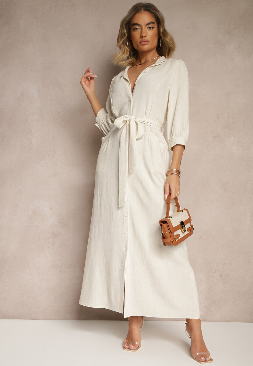 Ciemnobeżowa Sukienka Koszulowa z Wiskozą Lnem i Paskiem Galenena