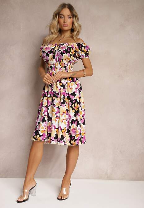 Czarno-Różowa Taliowana Sukienka z Bawełny Wykończona Gumką w Talii i Guzikami Nelianne