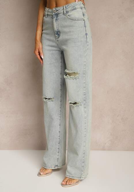 Jasnoniebieskie Jeansy High Waist o Szerokim Kroju z Przetarciami Zeleldi