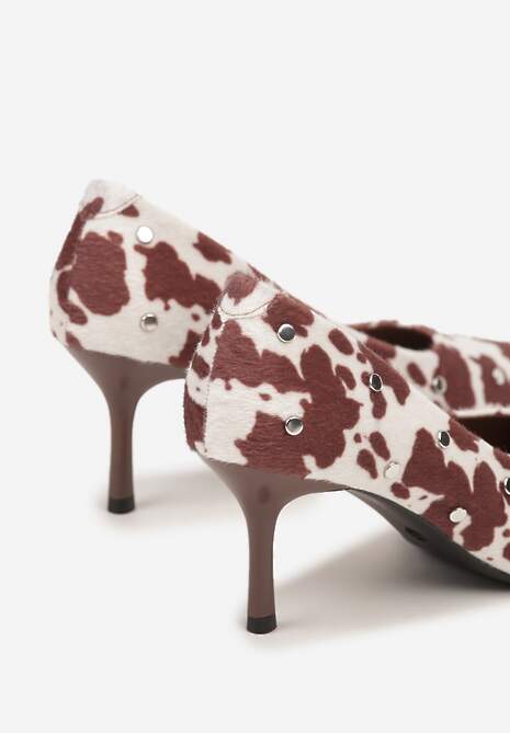 Brązowe Czółenka Vices  w Krowie Łaty na Szpilce z Wkładką ze Skóry Naturalnej z Klamrą i Ćwiekami Riloria Viralowe