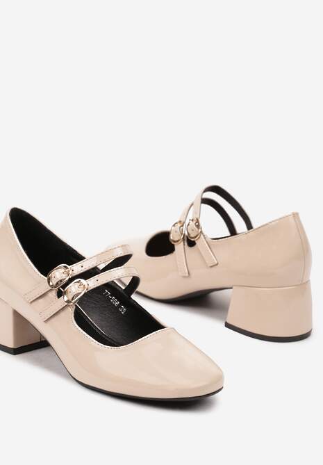 Beżowe Stylowe Czółenka w Stylu Mary Jane na Obcasie Jovinda
