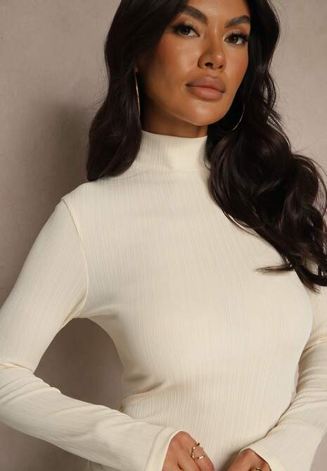 Beżowa Klasyczna Bluzka Longsleeve z Golfem Raleia