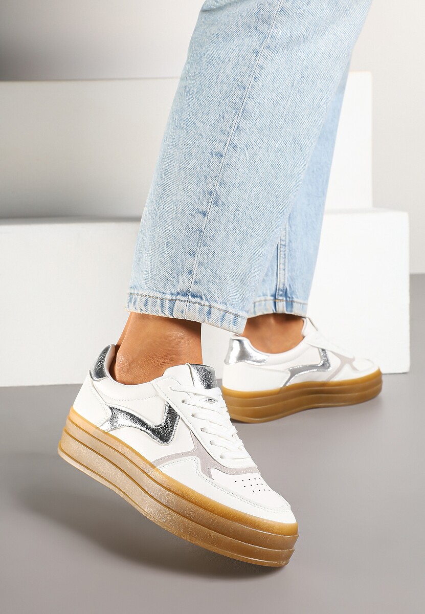 Biało-Srebrne Sneakersy Klasyczne Tenisówki na Tłoczonej Platformie Melvesia