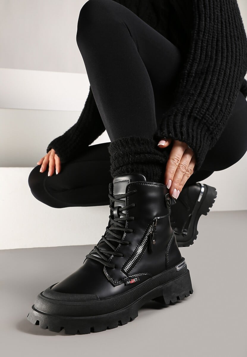 Czarne Traperki z Protektorem i Metaliczną Wstawką i Ozdobnym Suwakiem Dazzlina