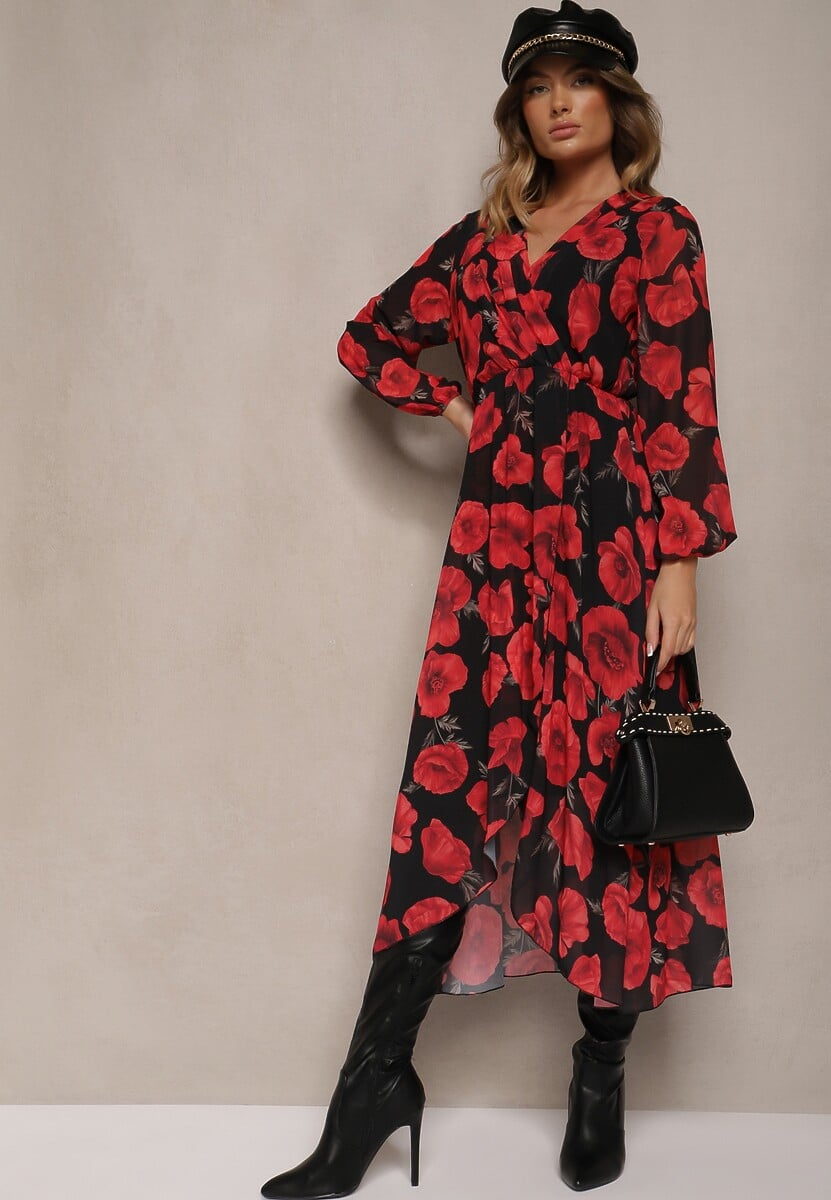 Czerwono-Czarna Asymetryczna Sukienka w Kwiaty o Kopertowym Kroju z Gumką w Talii Viradi