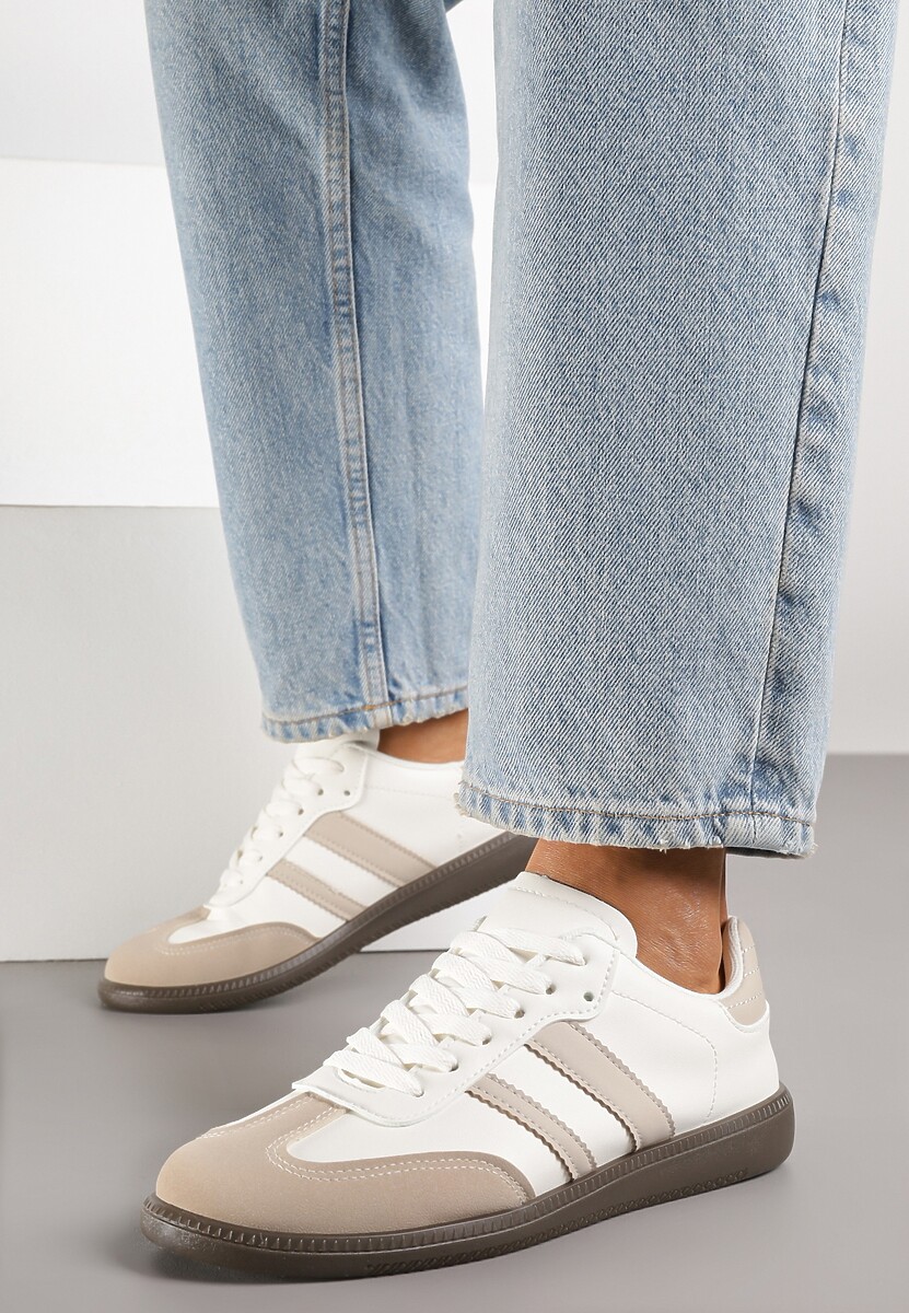 Beżowo-Białe Casualowe Sneakersy na Płaskiej Podeszwie z Paskami Jereria