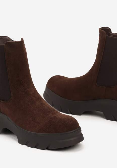Brązowe Botki Sztyblety na Platformie z Elastyczną Cholewką Mavita