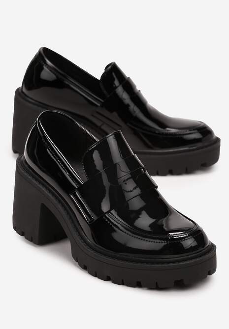 Czarne Lakierowane Mokasyny na Słupkowym Obcasie i Grubej Podeszwie Dimere