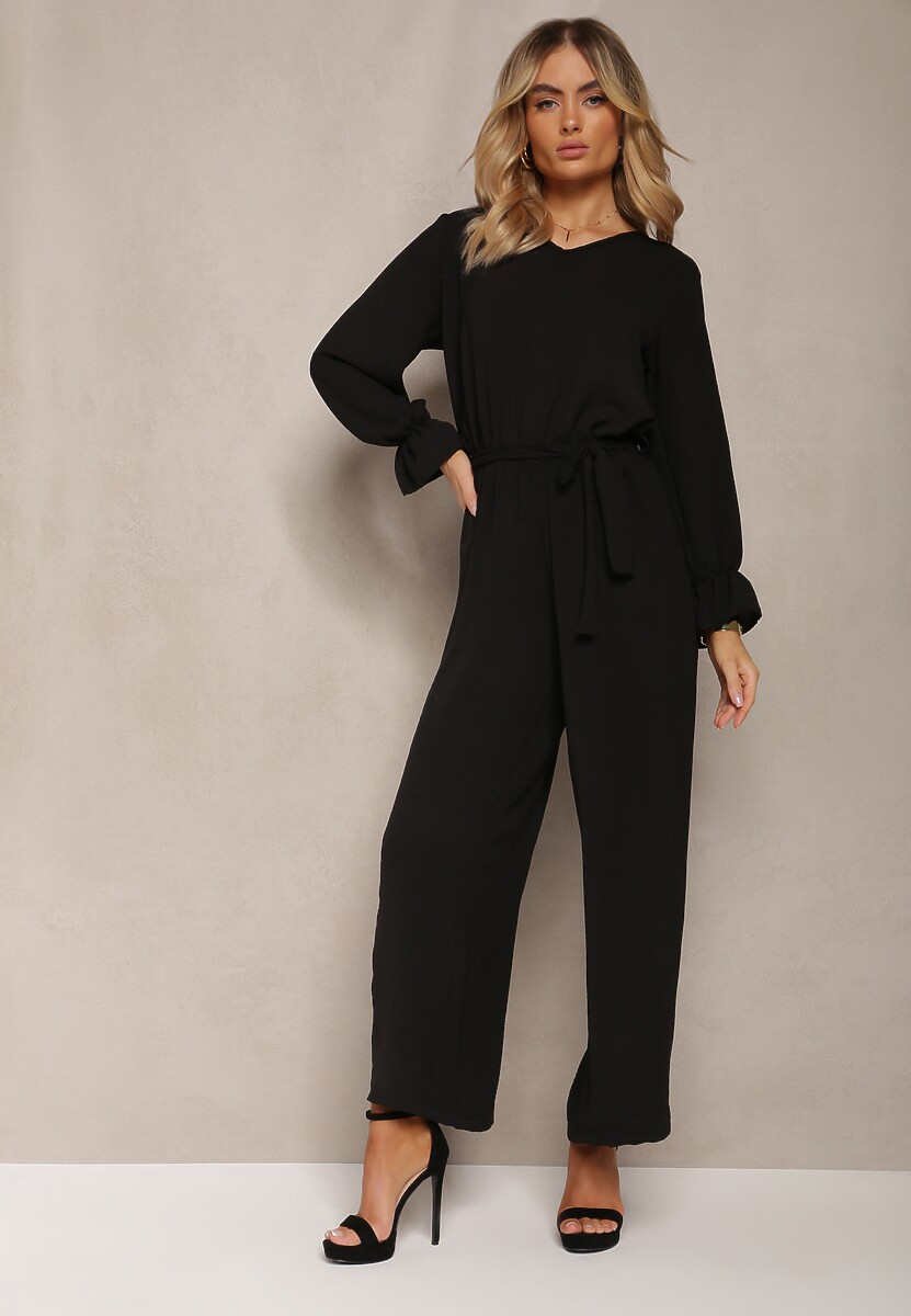 Czarny Casualowy Kombinezon z Paskiem i Gumką w Pasie Wiązany na Plecach Melodette