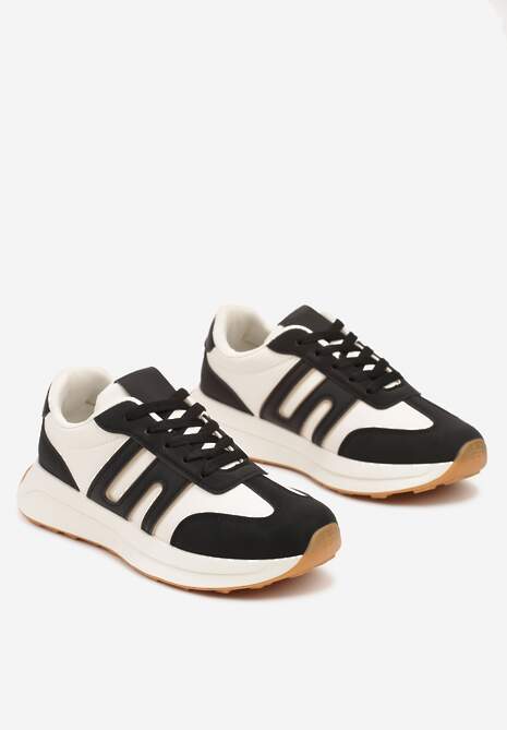 Czarne Sznurowane Sneakersy na Płaskiej Podeszwie Ozdobione Paskami Nevlaia