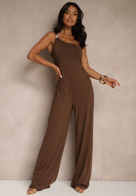 Brązowy Kombinezon Asymetryczny na Jedno Ramię z Długimi Nogawkami i Kieszeniami Efridelle