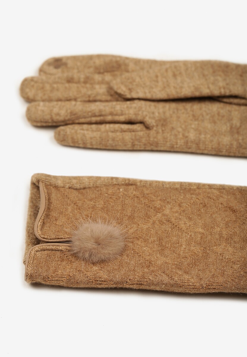 Brązowe Rękawiczki z Bawełną Ozdobione Pomponem i Rozcięciem Zinnaletha