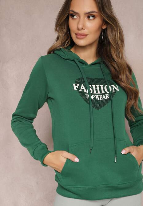 Zielona Bluza Kangurka Ocieplona Polarem z Ozdobnym Nadrukiem Elili