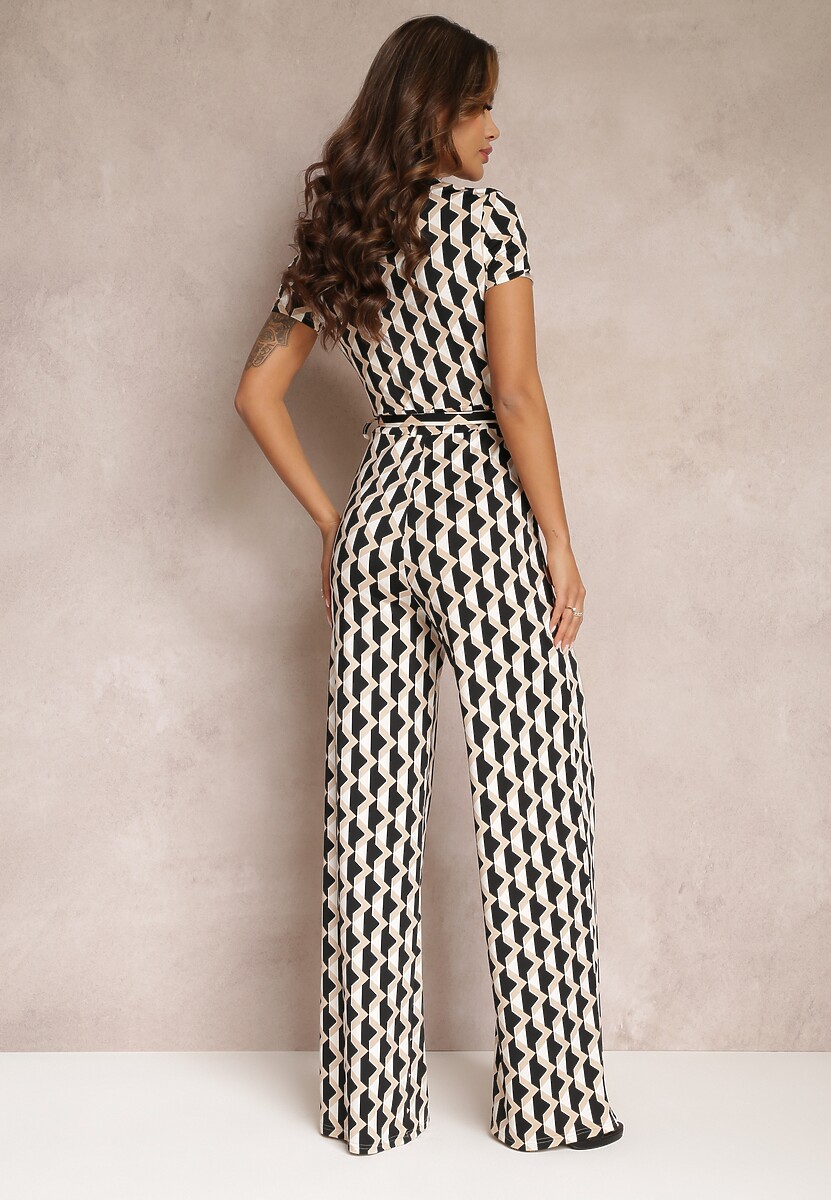 Beżowy Kopertowy Kombinezon w Geometryczny Wzór z Wiązanym Paskiem Anaba