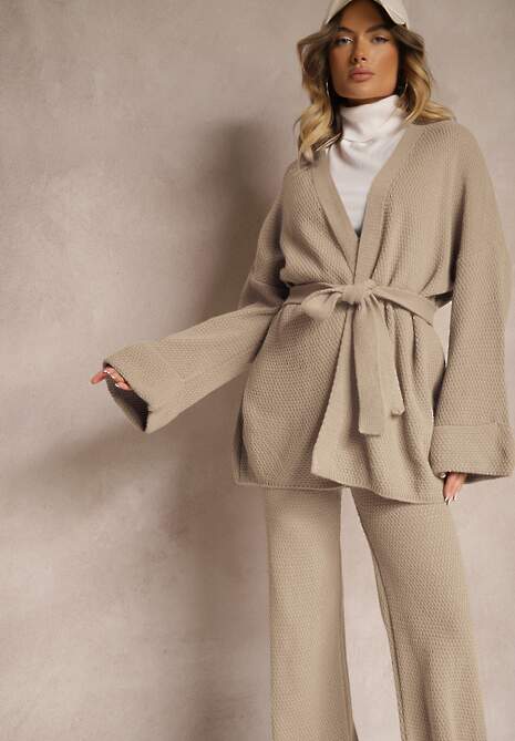Beżowy Sweterkowy Komplet Kardigan z Wiązaniem i Szerokie Spodnie Edionisa