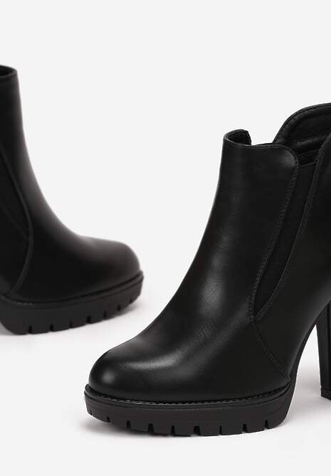 Czarne Botki z Ekoskóry na Niskiej Platformie i Słupku Firmina