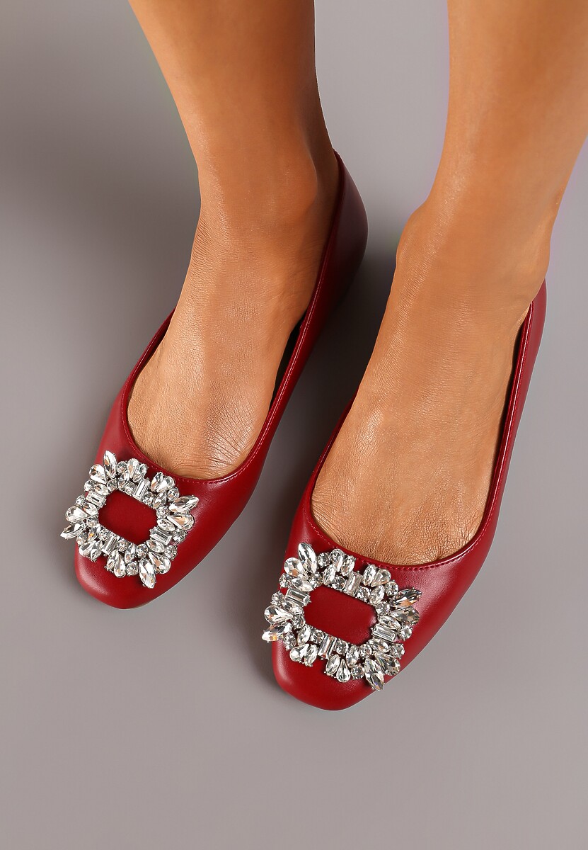 Bordowo-Czerwone Balerinki na Płaskiej Podeszwie z Metaliczną Ozdobą Oranivia