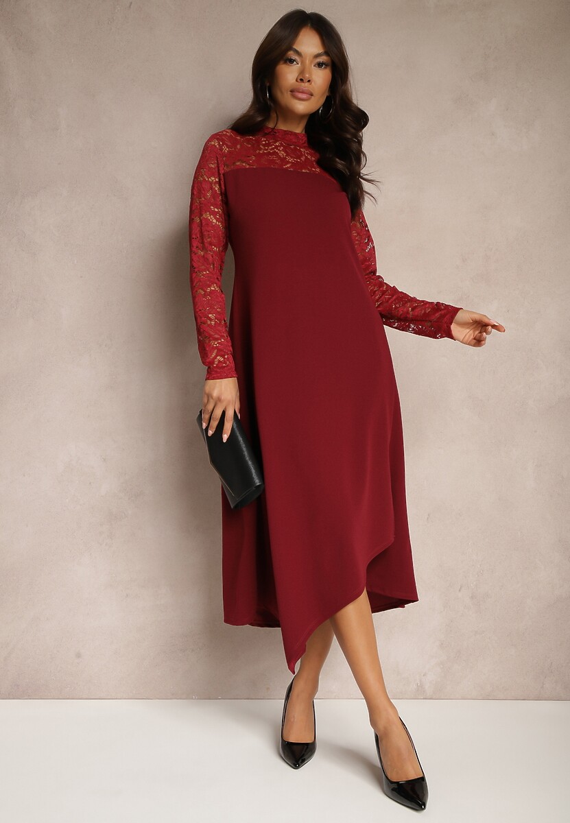 Czarna Taliowana Sukienka o Rozkloszowanym Kroju Ozdobiona Koronką Edamora