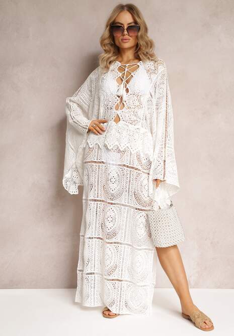 Biała Szydełkowa Sukienka Maxi z Wycięciami i Wiązaniem Upenna