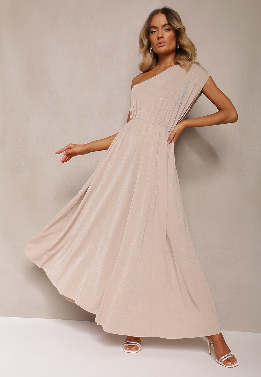 Różowa Plisowana Sukienka na Jedno Ramię z Gumką w Pasie Nansah