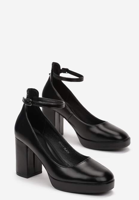 Czarne Jenolite Czółenka Zapinane wokół Kostki na Sprzączkę z Wysokim Słupkiem Rayisa