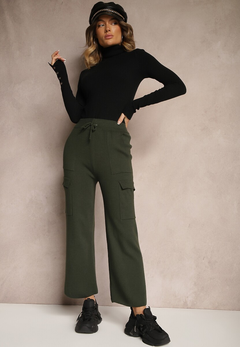 Ciemnozielone Szerokie Spodnie Dzianinowe z Gumką w Pasie i Kieszeniami Emithlera