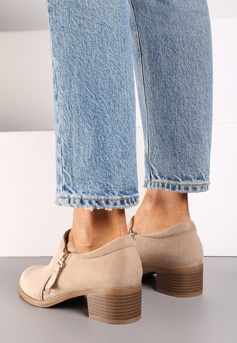 Ciemnobeżowe Półbuty na Słupku z Niską Cholewką Ozdobioną Suwakiem Ansolee