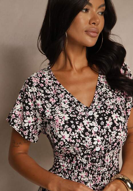 Czarna Bawełniana Sukienka z Guzikami Przy Dekolcie i Gumką w Pasie Grasita