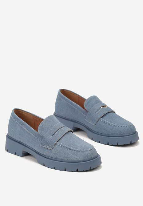 Niebieskie Mokasyny na Niskiej Platformie z Metaliczną Aplikacją pod Ozdobnym Paskiem Aserapine