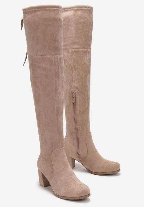 Ciemnobeżowe Kozaki ze Ściąganą Cholewką za Kolano na Słupku Alicva