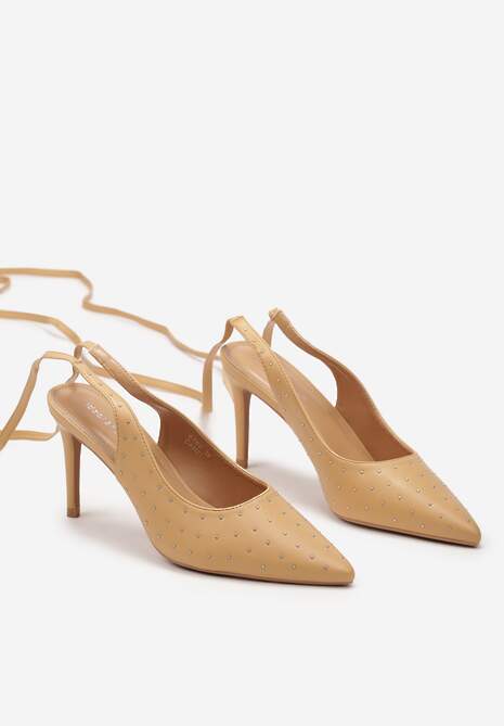 Jasnobrązowe Sandały na Szpilce z Wiązanymi Rzemykami i Cyrkoniami Jenglla