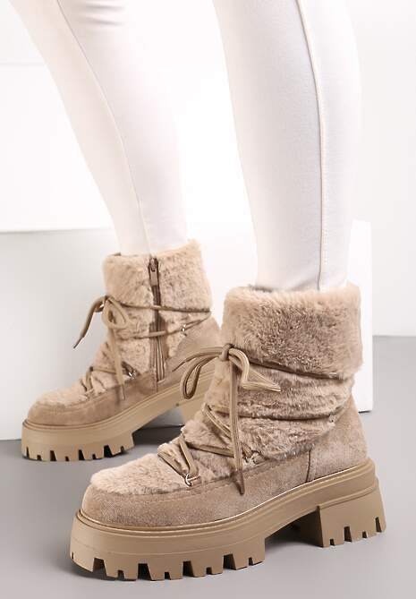 Ciemnobeżowe Botki z Futerkiem na Platformie z Ozdobnym Wiązaniem Cotara