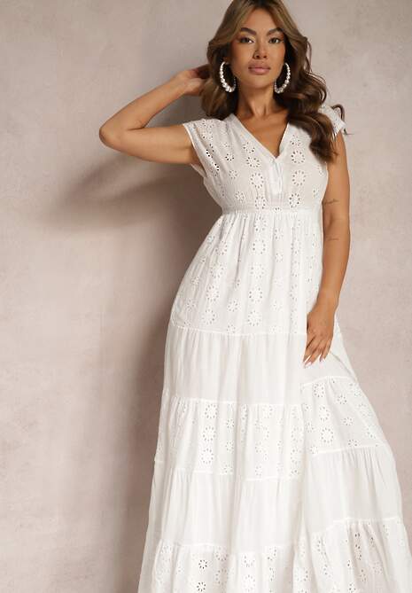 Biała Ażurowa Sukienka z Bawełny Wykończona Gumką w Talii i Guzikami przy Dekolcie Wenevia