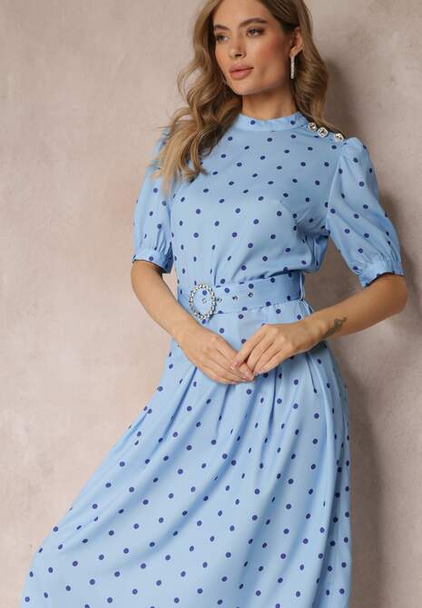 Niebieska Rozkloszowana Sukienka Midi z Gumką w Pasie i Ozdobnym Paskiem z Klamrą Abennita