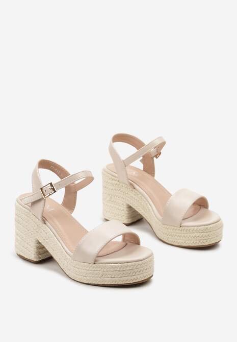 Beżowe Sandały na Słupku i Platformie z Plecionką z Juty Sigarata