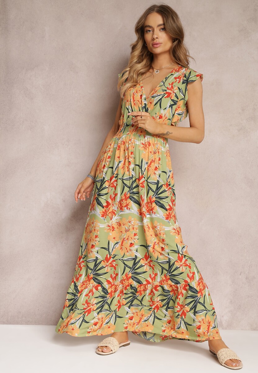 Zielona Sukienka Maxi z Falbankami i Cienkimi Gumkami w Pasie Bexla